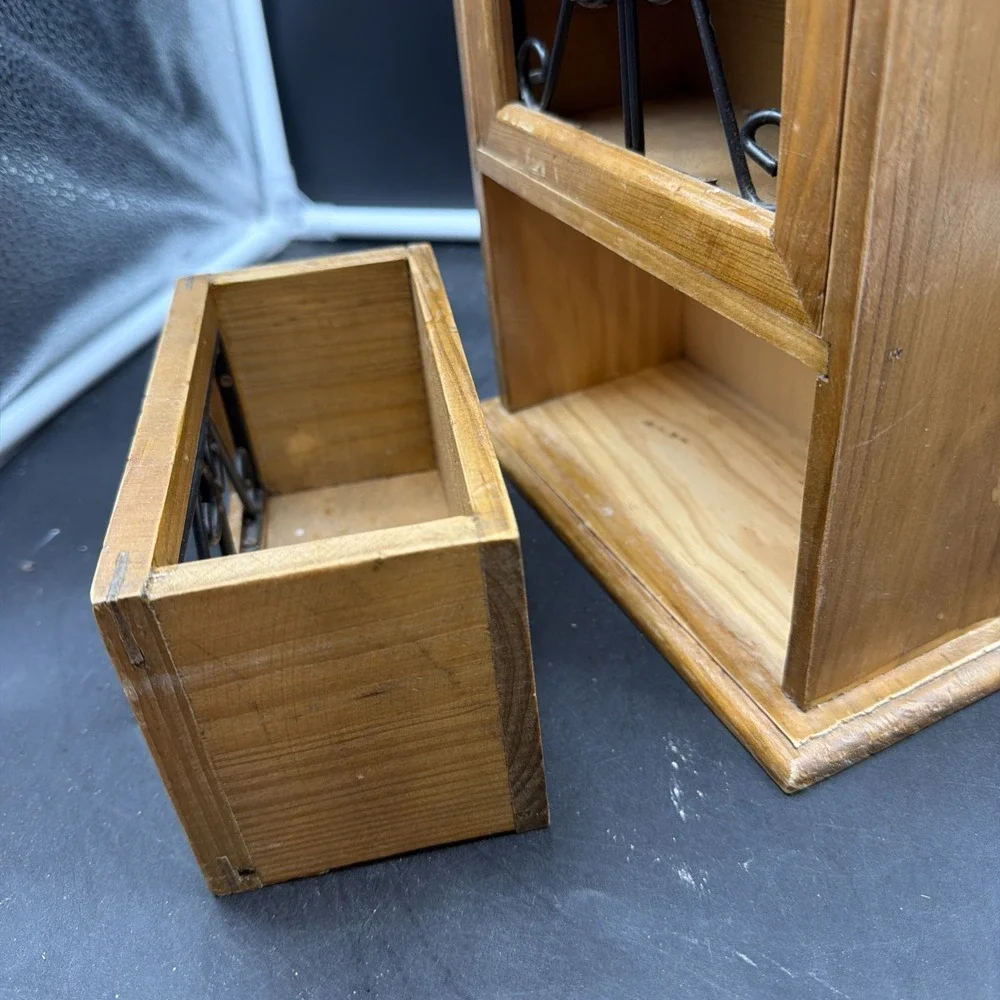 VTG Wood Small Counter Top 3 Drawer Storage Caddy Iron Scroll Drawers Grannycore